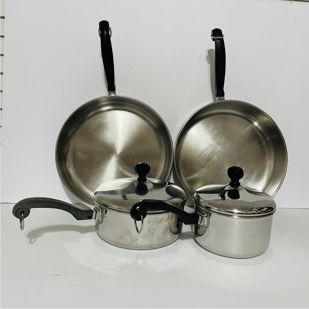 6-Farberware Skillet 2 Fry Pan 10”, 2&1 Qt Pot Stainless Steel Aluminum Clad USA